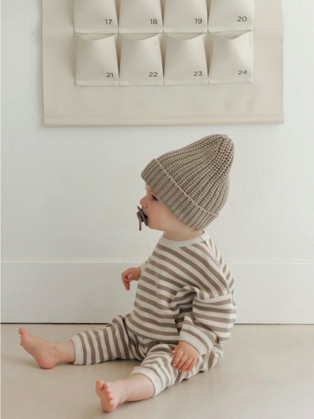 Quincy Mae Waffle Slouch Set Olive Stripe Size 12-18 months